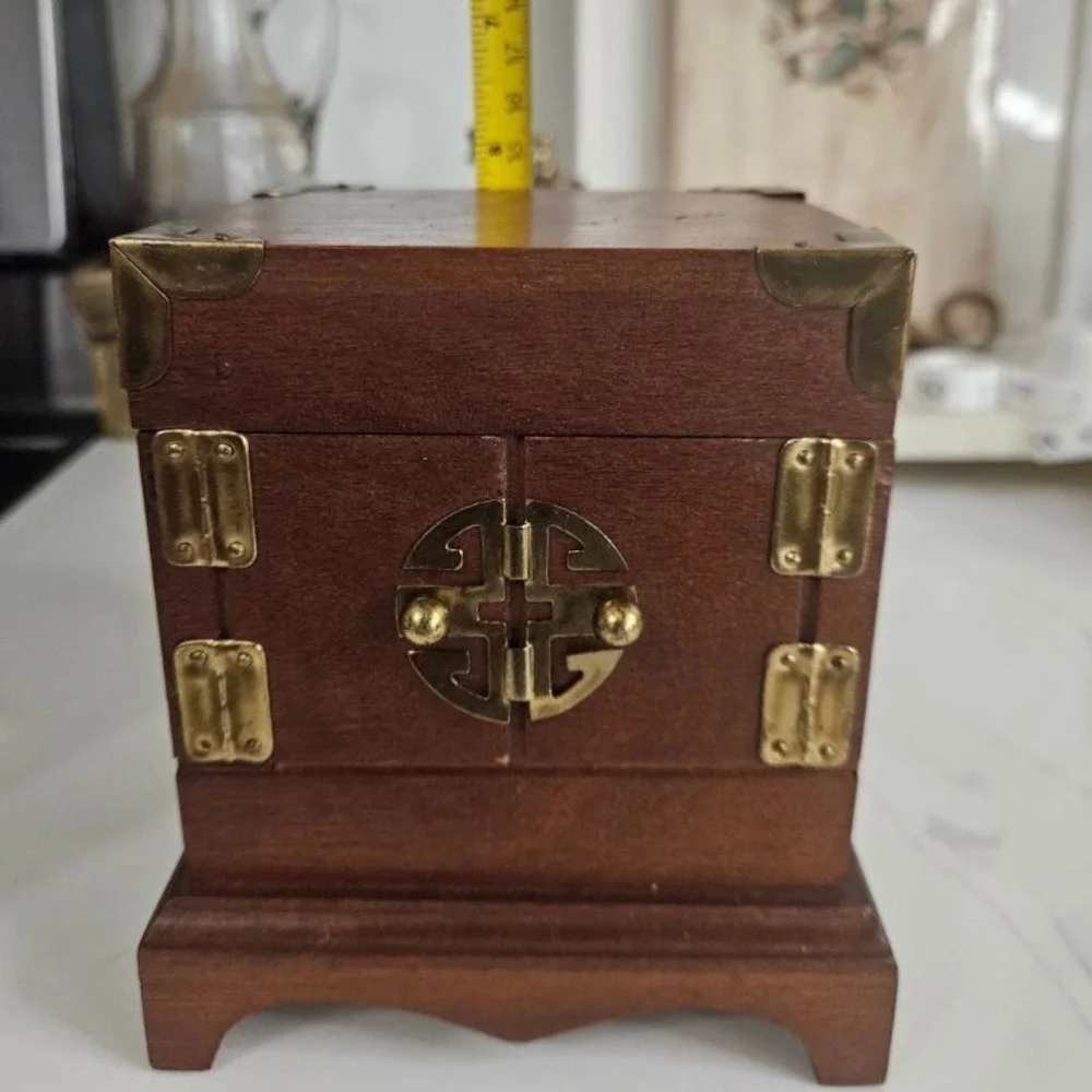 Vintage Asian Style Wooden Trinket Box with Brass Accents and Coasters